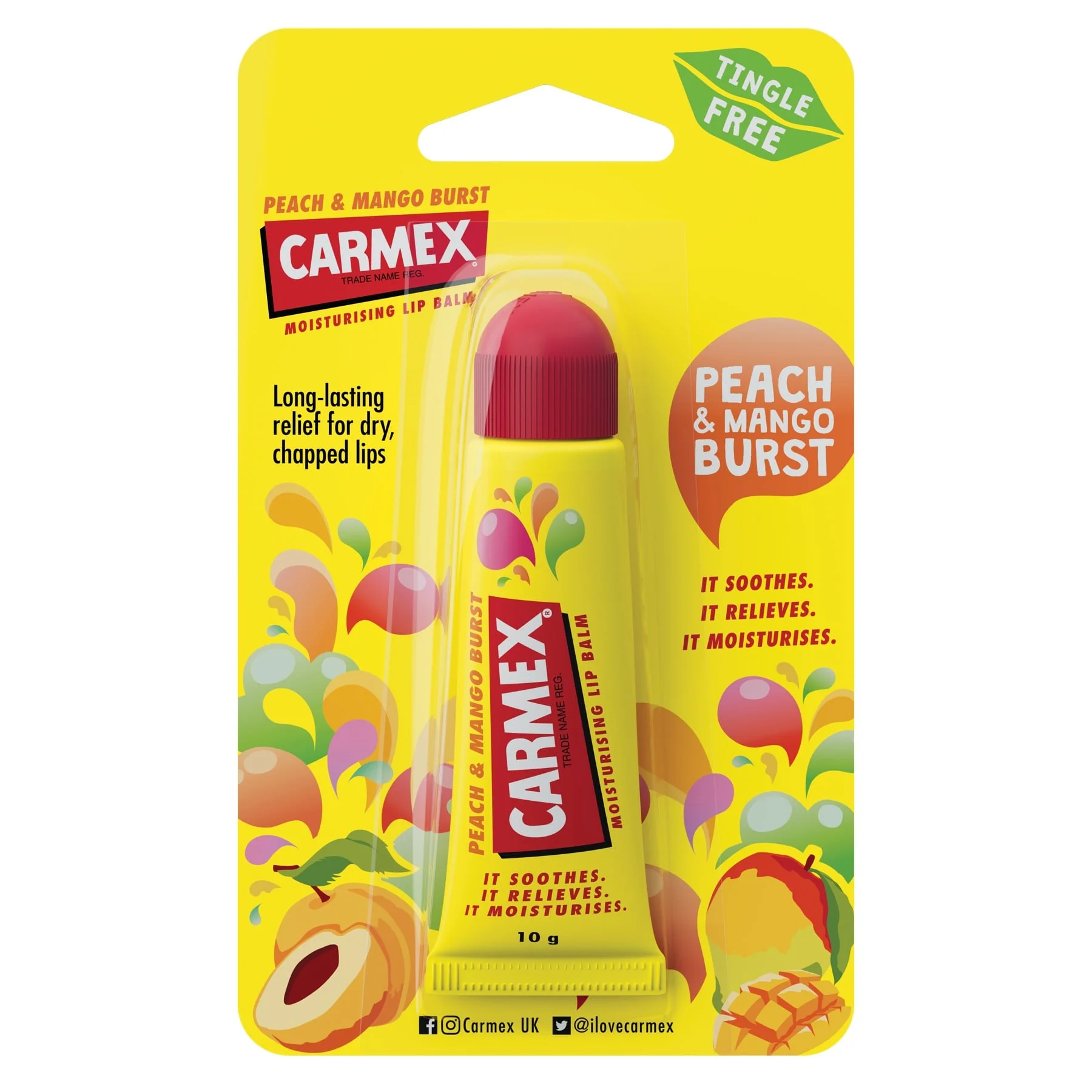 Carmex Peach and Mango Burst Tingle Free Lip Balm Tube 10g - Image 2