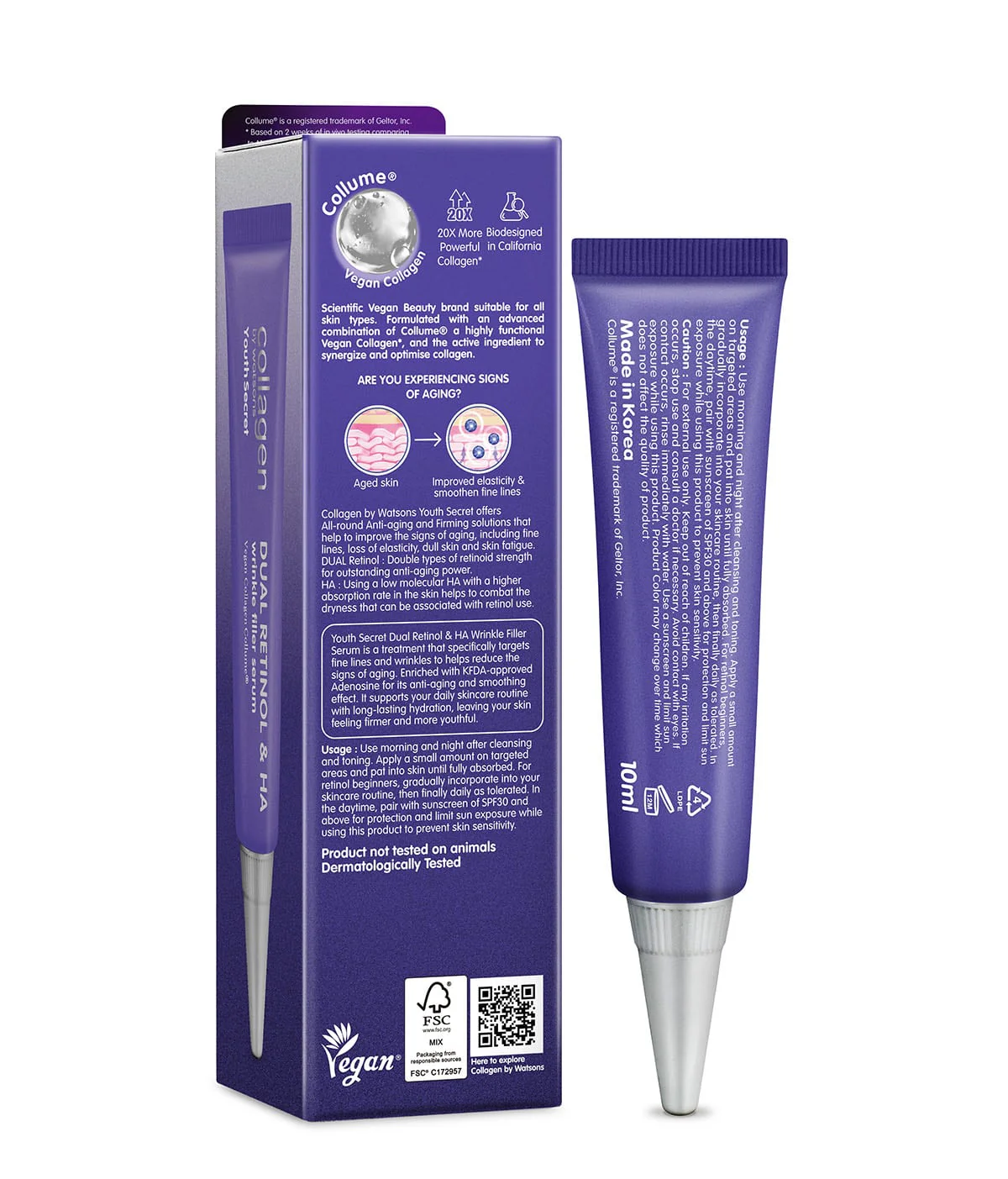Collagen by Watsons Youth Secret Dual Retinol & HA Wrinkle Filler Serum 10ml - Image 2