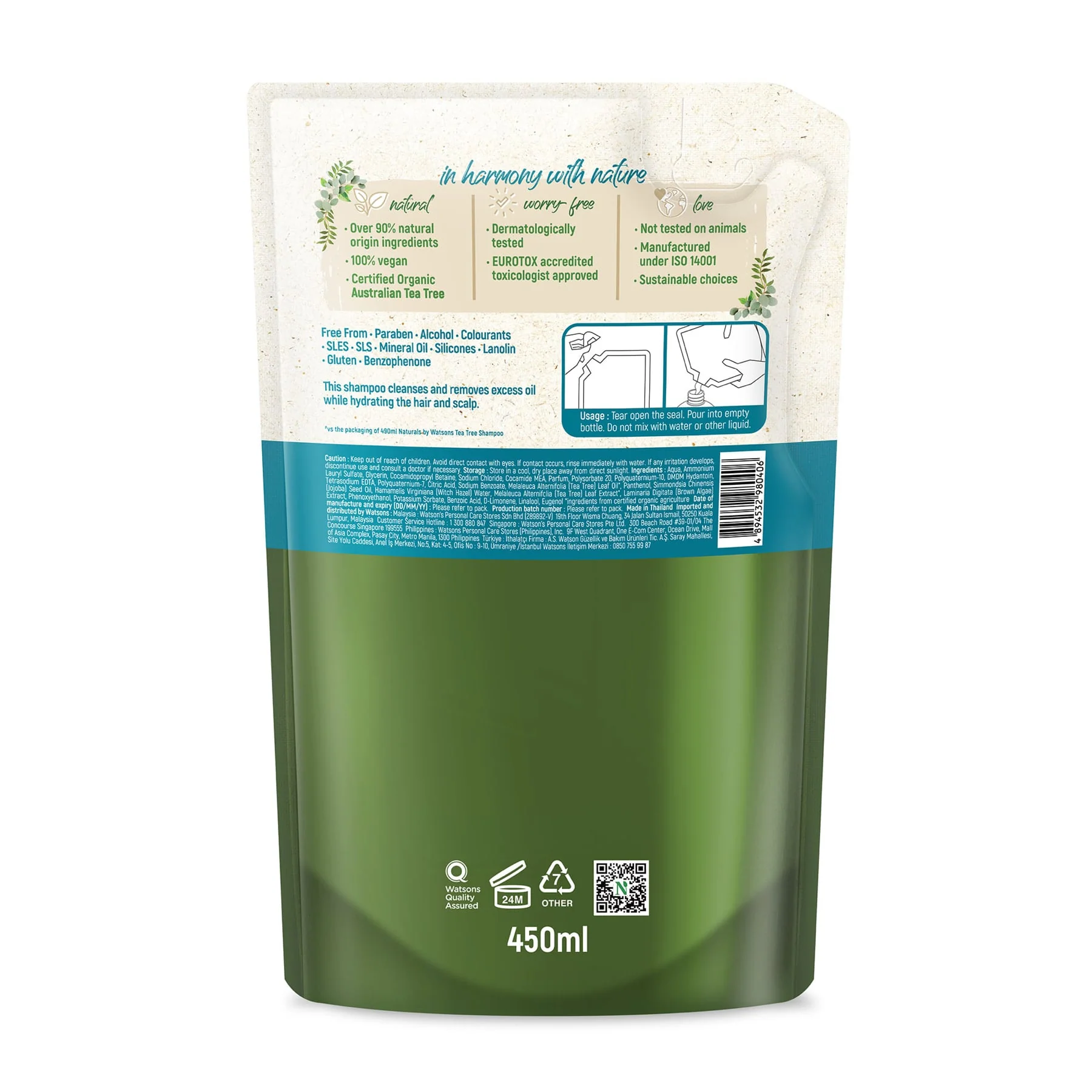 Naturals by Watsons Tea Tree Shampoo Refill 450ml - Image 2