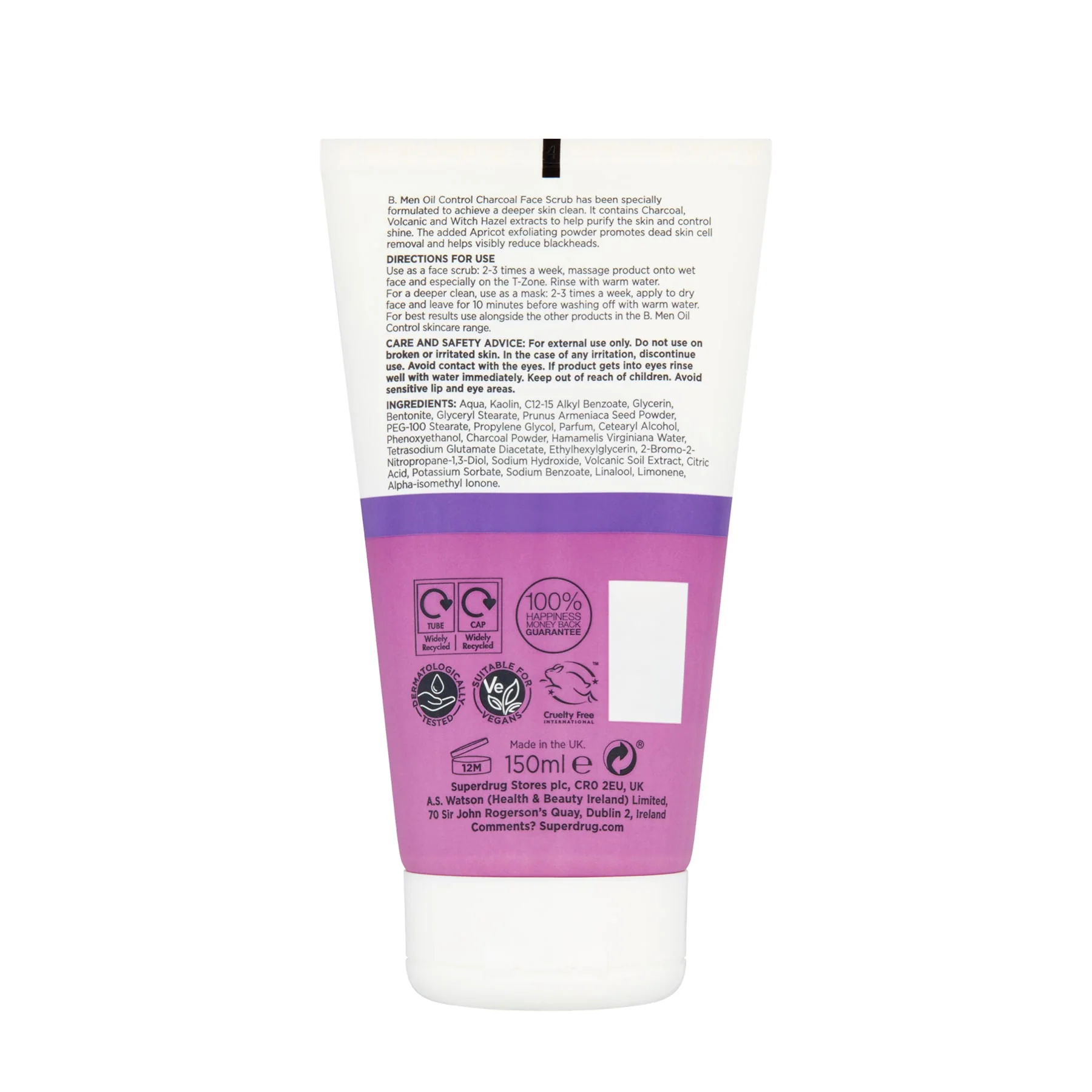 Superdrug B. Men Oil Control Charcoal Face Scrub 150ml - Image 2