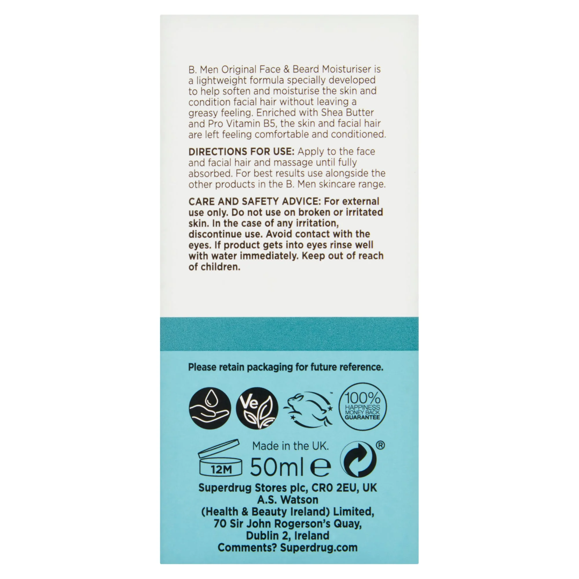 Superdrug B. Men Original Face & Beard Moisturiser 50ml - Image 3
