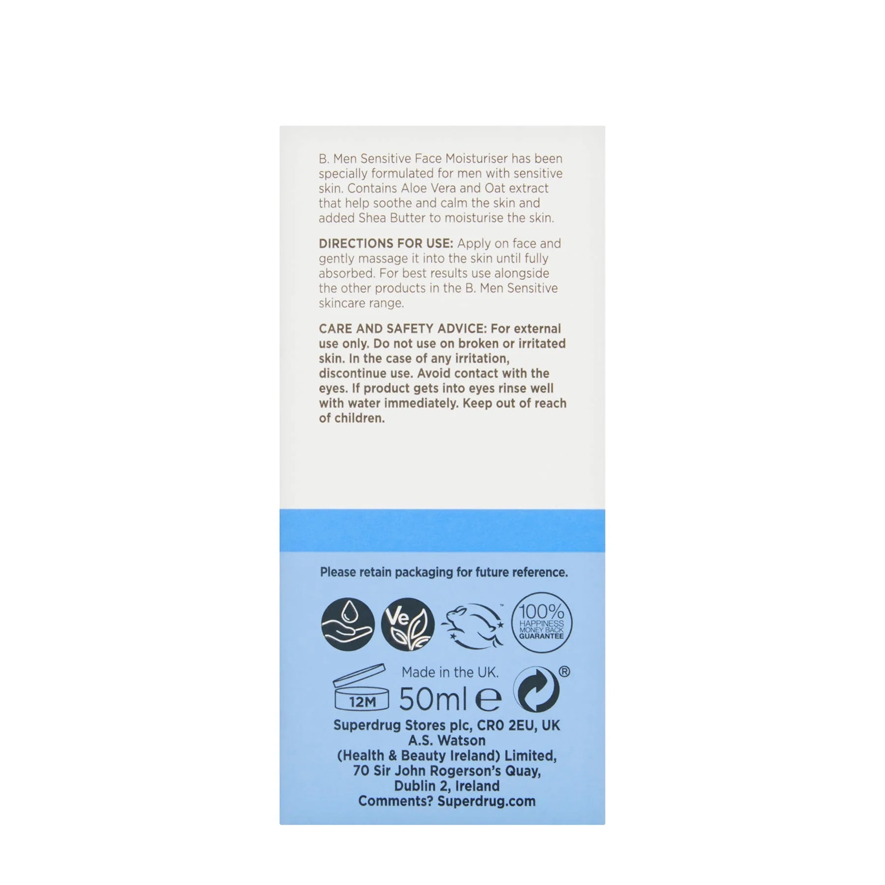 Superdrug B. Men Sensitive Face Moisturiser 50ml - Image 3