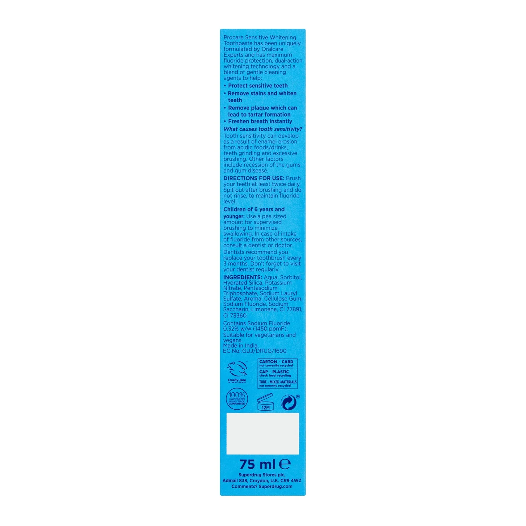 Superdrug Pro Care Sensitive Whitening Toothpaste Fresh Mint 25ml - Image 3
