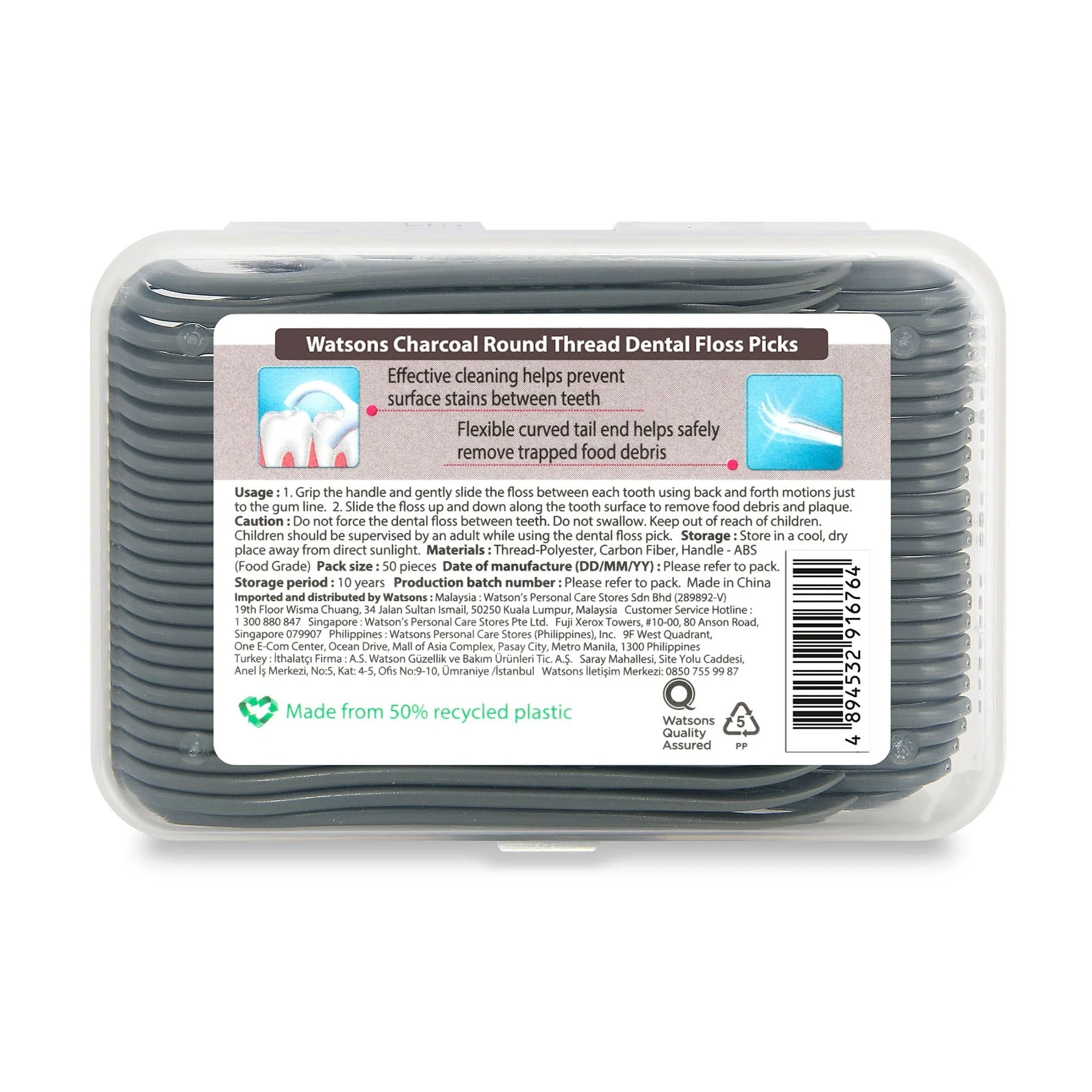 Watsons Round Thread Dental Floss Picks Charcoal - Image 2